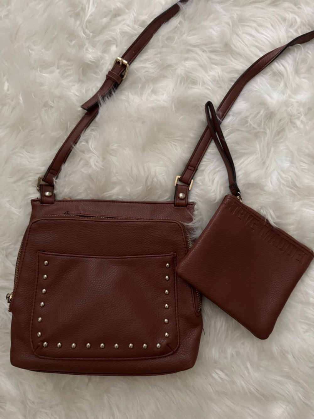Steve Madden Brown Studded Leather Crossbody with Detachable Wrist Pouch